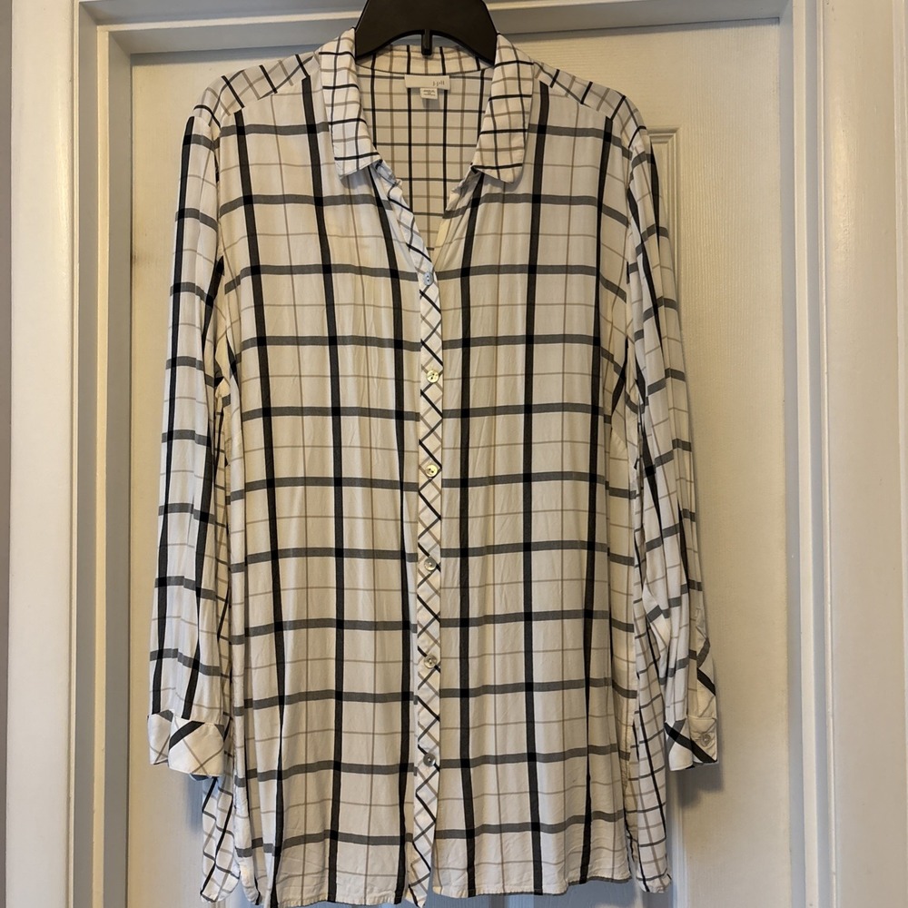 J. Jill Women's White Black Tan Mixed Plaid Curved Hem Button-down Tunic 2X